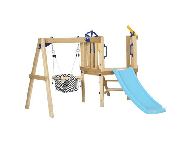 Aosom Swing Set for Backyard, Wooden Toddler Outdoor Playset with Baby Swing Seat, Kids Slide, Fort, Playground Equipment with Captain's Wheel,...