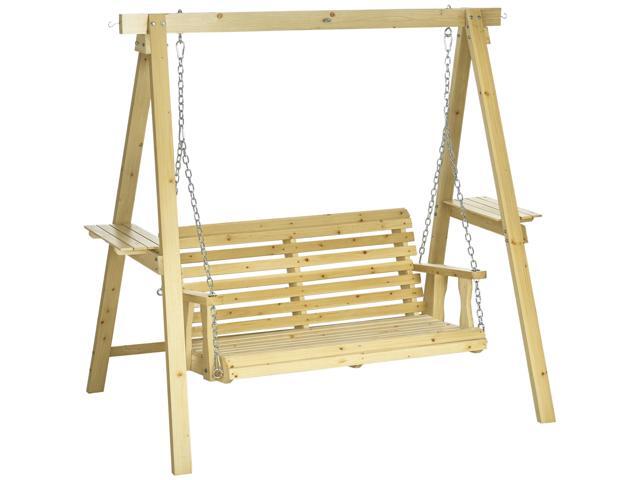 Aosom 2-Seat orch Swing with Stand, Wooden Patio Swing Chair with Side Tables and Metal Chains, Outdoor Hanging Bench for Garden, Poolside,...