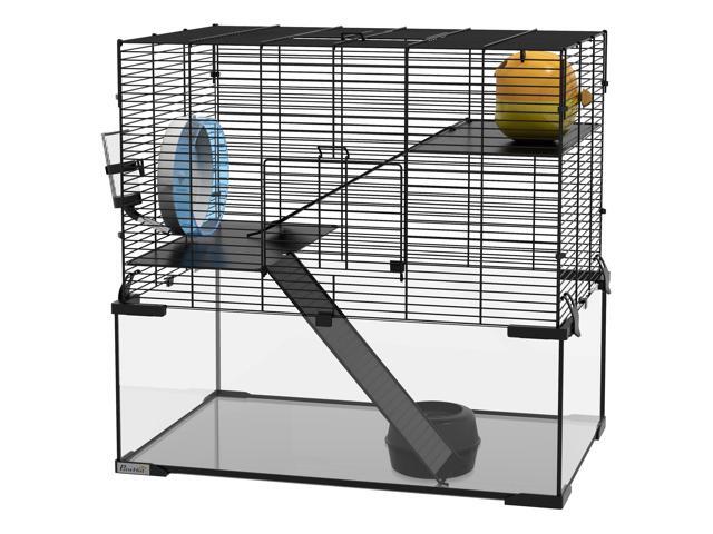 Aosom 23.5' Hamster Cage, Gerbil Cage with Glass Basin for Small Hamsters, Black