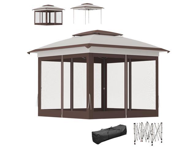 Aosom 12' x 12' Pop Up Canopy Tent with Netting and Carry Bag, Instant Sun Shelter with 137 sq. ft Shade, Beige and Brown