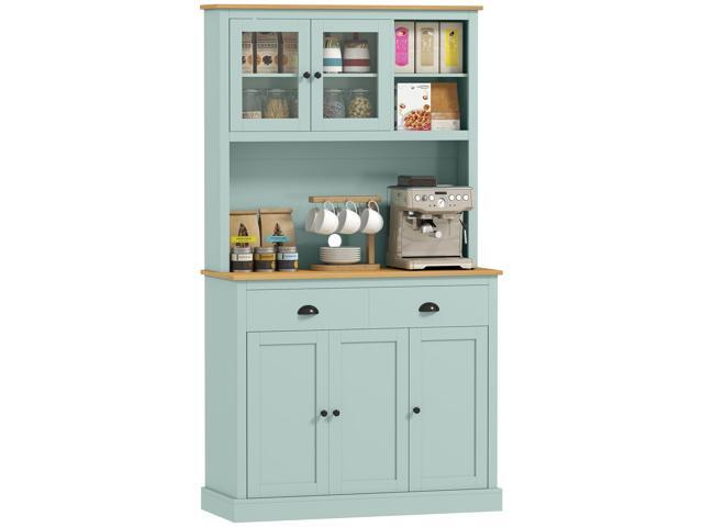Aosom Kitchen Pantry Storage Cabinet with Microwave Stand, 71' Modern Kitchen Hutch with Open Countertop, Glass Doors, Storage Drawers and...