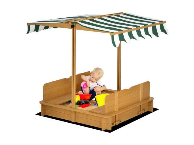 Aosom Wooden Kids Sandbox with Cover, Children Outdoor Sand Box with Foldable Bench Seats and Adjustable Canopy