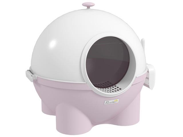 Aosom Hooded Cat Litter Box, Large Kitty Litter Pan with Lid, Scoop, Leaking Sand Pedal, Top Handle, Light Pink