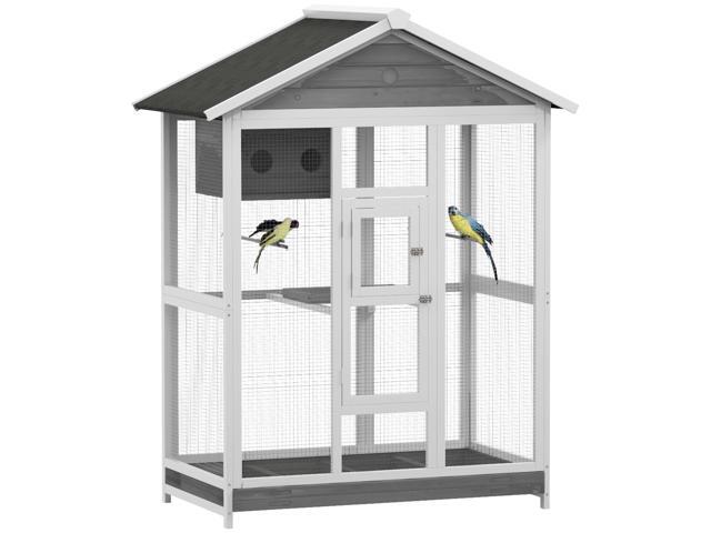 Aosom 64.5' Wooden Bird Cage Aviary, Flight Cage with 4 Perches, Nest and Slide-Out Tray for Indoor/Outdoor, Gray