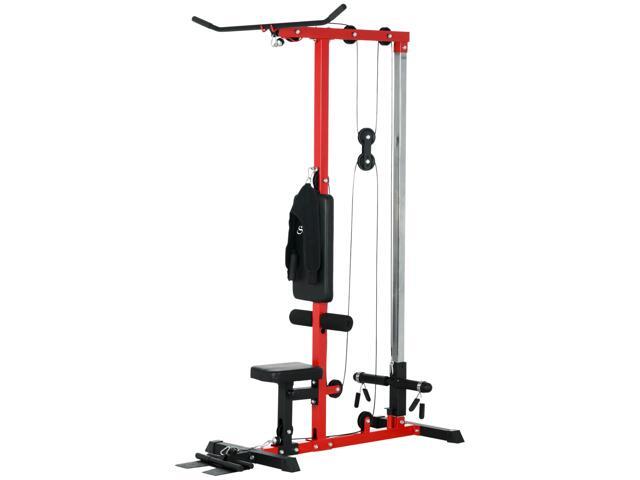 AosomSoozier Lat Pull Down Machine, High / Low Pulley Machine with Adjustable Seat and Flip-Up Footplate, Red