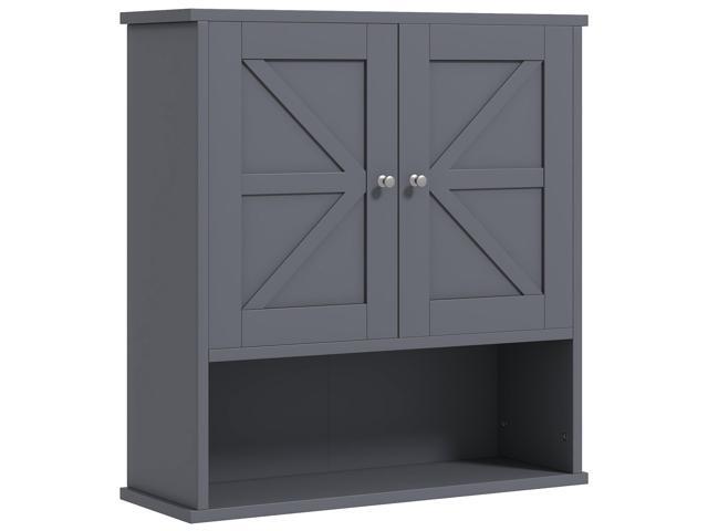 Aosom Farmhouse Bathroom Medicine Cabinet, Wall Cabinet with Barn Doors and Adjustable Shelf for Laundry Room, Gray