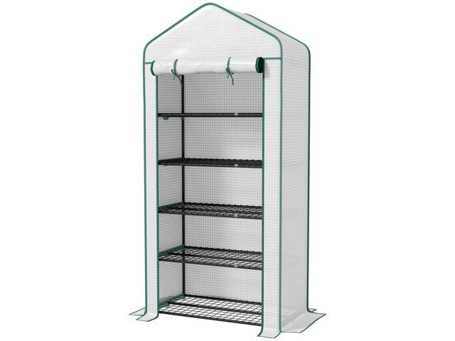 Aosom 5 Tier Mini Greenhouse, Small Portable Greenhouse with PE Cover, Roll-Up Zippered Door, 76' x 35.4' x 19.3', White