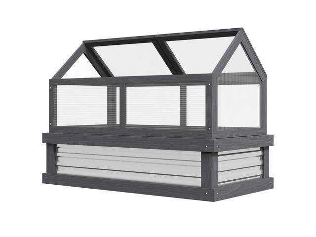 Aosom Raised Garden Flower Bed Kit w/ Greenhouse, Wooden Cold Frame Planter, Gray