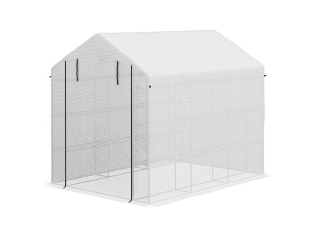 Aosom Outdoor Walk-in Greenhouse with Roll-up Zipper Door, 18 Shelves, PE Cover, 95.25' x 70.75' x 82.75', White