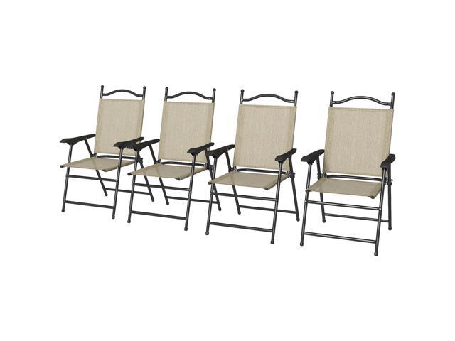 Aosom 4 Piece Folding Patio Camping Chair Set, Sports Chairs for Adults with Armrests, Mesh Fabric Seat for Lawn, Beige