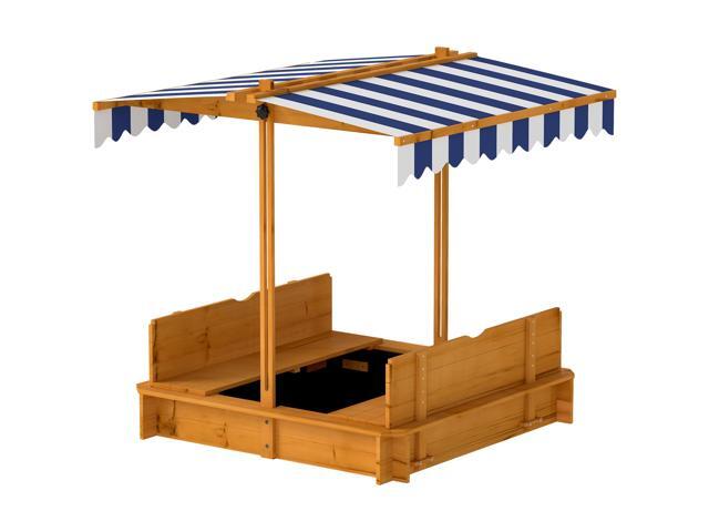 Aosom Wooden Kids Sandbox with Cover, Children Outdoor Sand Box with Foldable Bench Seats and Adjustable Canopy, Brown