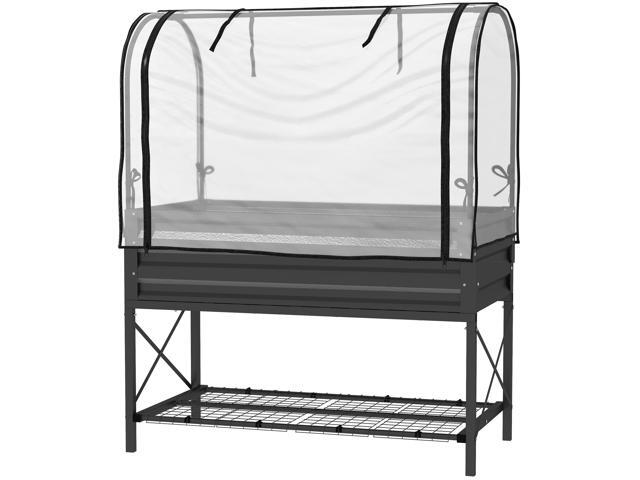 Aosom Raised Garden Bed with Legs and Cover, Metal Elevated Planter Box with Bottom Shelf and Liner for Vegetables, Black