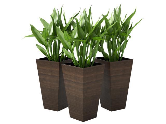 Aosom Set of 3 Tall Planters, 28' Outdoor Planter w/ Drainage Holes, Faux Wood Plastic Flower Pots, Brown