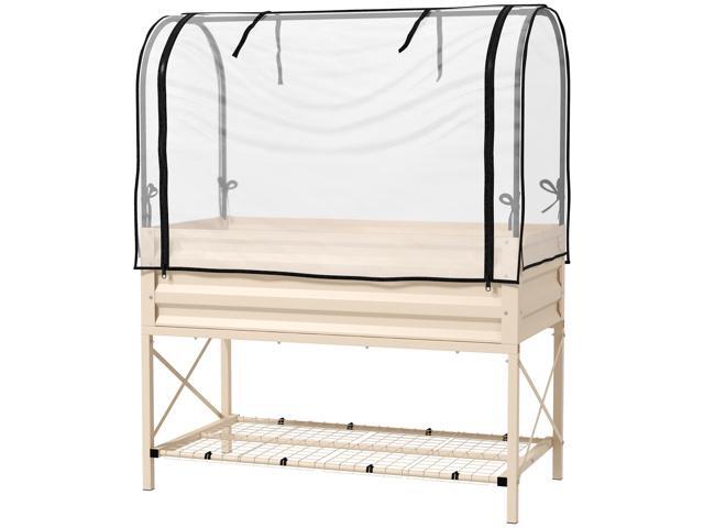 Aosom Raised Garden Bed with Legs and Cover, Metal Elevated Planter Box with Bottom Shelf and Liner for Vegetables, Cream