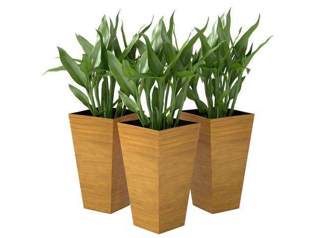 Aosom Set of 3 Tall Planters, 28' Outdoor Planter w/ Drainage Holes, Faux Wood Plastic Flower Pots, Light Brown