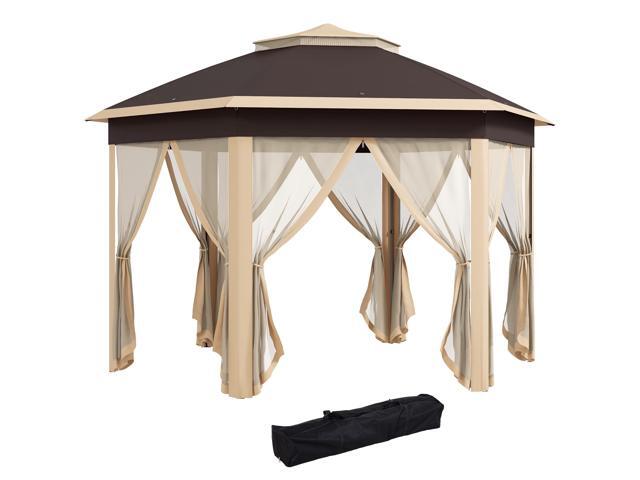 Aosom 13' x 13' Pop Up Gazebo Hexagonal Canopy Shelter with 6 Zippered Mesh Netting for Patio, Backyard, Garden, Wedding, Party, Beige