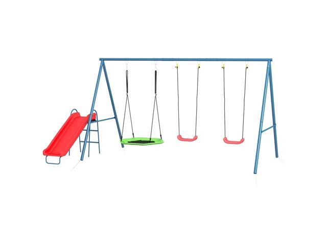 Aosom Metal Swing Set for Backyard, 3 in 1 Design with 1 Nest Swing, 2 Seats, 1 Slide, Holds Up to 352 lbs. for Ages 3-8