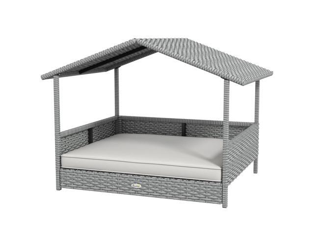 Aosom Wicker Dog House Outdoor with Canopy, Rattan Dog Bed with Water-resistant Cushion, Raised Pet Bed for Small, Medium Breeds up to 66 lbs, 20'...