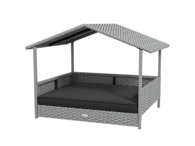 Aosom Wicker Dog House Outdoor with Canopy, Rattan Dog Bed with Water-resistant Cushion, Raised Pet Bed for Small, Medium Breeds up to 66 lbs, 20'...