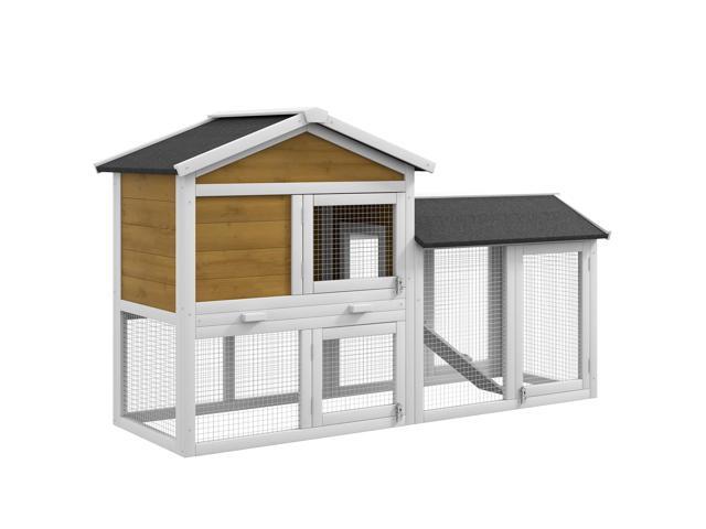 Aosom 58' Wooden Rabbit Hutch with Run, Removable Tray, Asphalt Roof, Lockable Doors and Ramp, Nature Wood