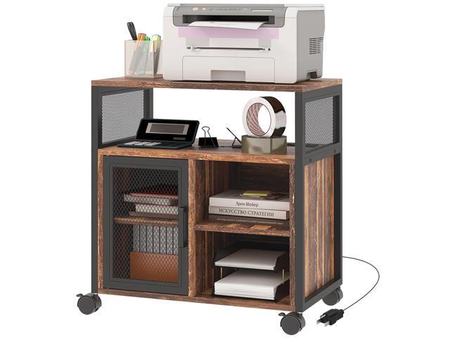 Aosom Printer Stand with Socket and USB Charging Ports, Industrial Mobile Printer Table with Storage and Wheels, Rustic Brown