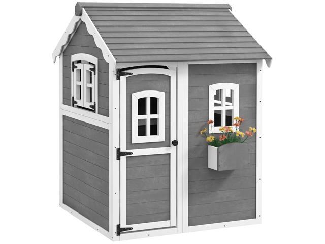 Aosom Outdoor Wooden Playhouse for Kids with Floor, Door, Windows, Planter Box for 3-8 Years Old, Backyard, Lawn, Garden