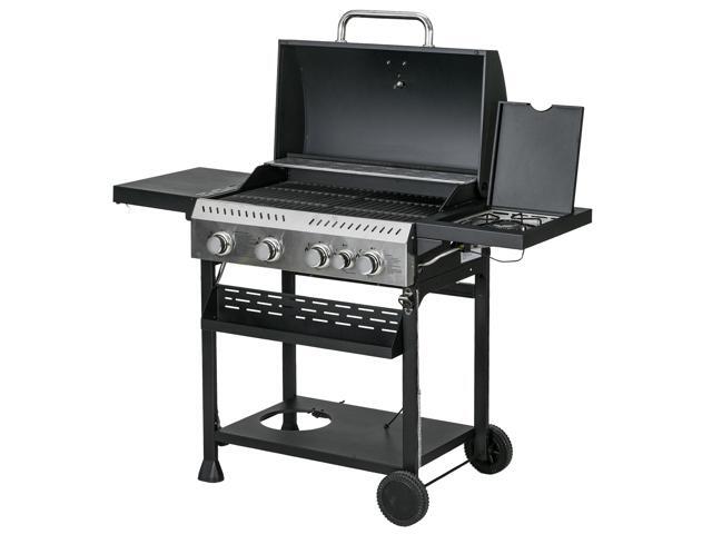 Aosom 4 Burner Propane Gas Grill with Side Burner, 40,000 BTU Outdoor Barbeque with Shelves, Thermometer, Bottle Opener, Black