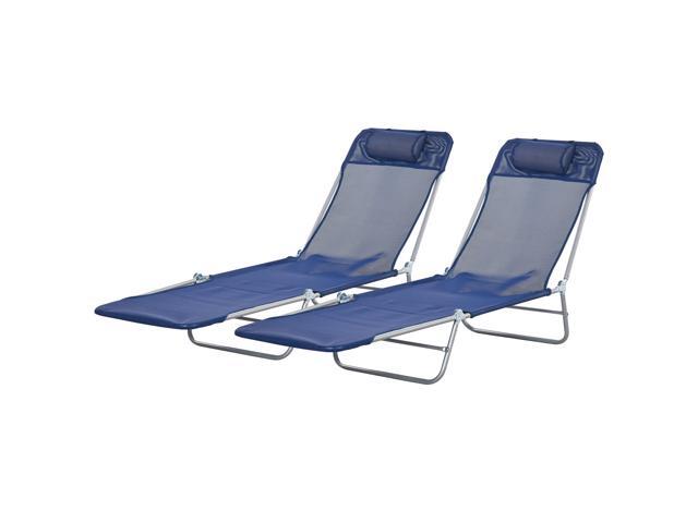 Aosom 2 Piece Sun Loungers, Folding Chaise Lounge Chairs with Reclining Back, Breathable Mesh Seat, Headrest, Dark Blue