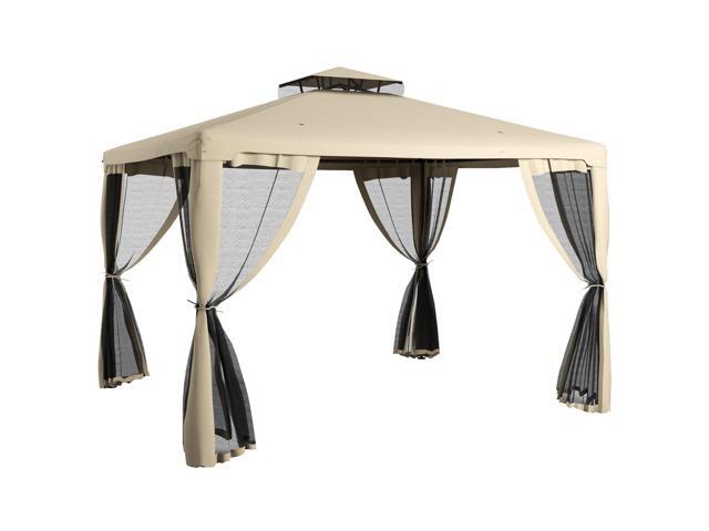 Aosom 9.6' x 11.6' Patio Gazebo Outdoor Canopy Shelter with 2-Tier Roof and Netting, Steel Frame for Garden, Taupe
