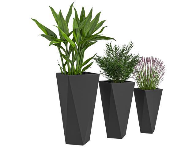 Aosom Indoor Outdoor Planters Set of 3 MgO Tall Planters Stackable Flower Pots with Drainage Holes for Garden, Balcony, Black
