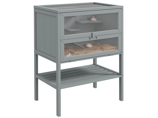 Aosom 3-Tier Wooden Hamster Cage Mice and Rat Cage Small Animals Hutch with Openable Top, Front Door, Storage Shelf, Gray
