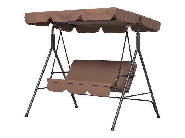 Aosom Large Family Swing Set, 3-Seat Adjustable Canopy Swing Bench with Cushion, Steel Frame Stand for Patio, Garden, Family Use, Brown