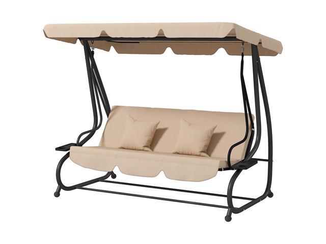 Aosom Free Standing Swing Bench, Porch Swing with Stand, Adjustable Canopy, Cushion and Pillows, Ecru