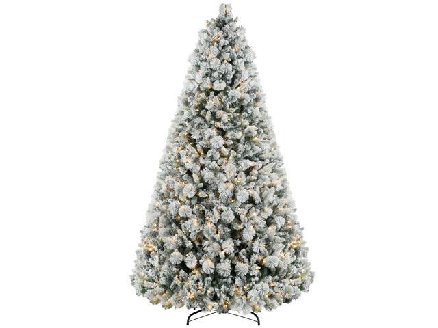 Aosom 9 ft Prelit Flocked Artificial Christmas Tree with 750 Clear Lights, 2387 Tips, Metal Stand for Home Office Holiday
