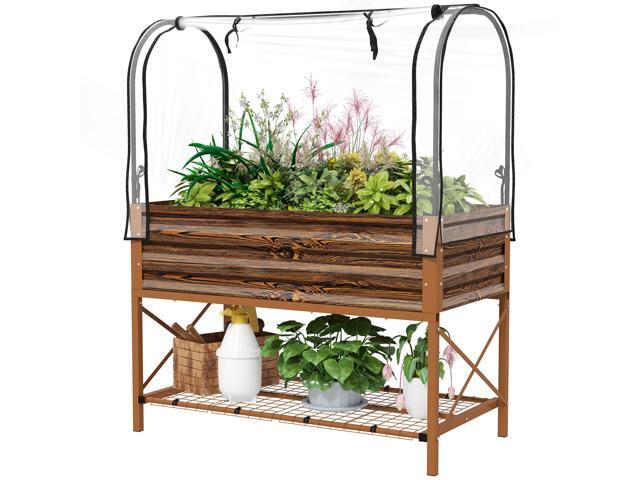 Aosom Raised Garden Bed with Legs and Cover, Metal Elevated Planter Box with Bottom Shelf and Liner for Vegetables, Brown