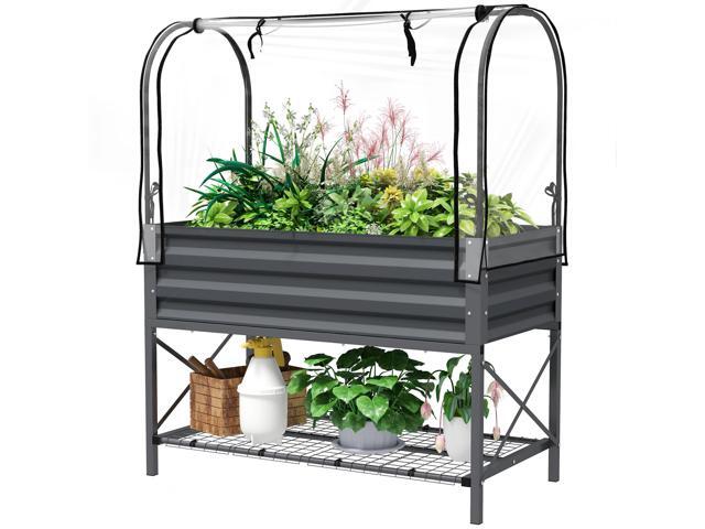 Aosom Raised Garden Bed with Legs and Cover, Metal Elevated Planter Box with Bottom Shelf and Liner for Vegetables, Dark Gray