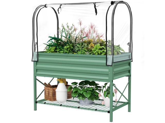 Aosom Raised Garden Bed with Legs and Cover, Metal Elevated Planter Box with Bottom Shelf and Liner for Vegetables, Green