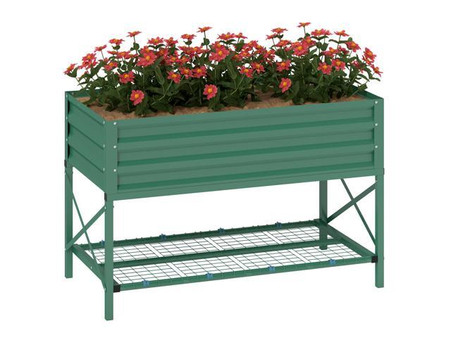 Aosom Galvanized Raised Garden Bed, Metal Planter Box with Legs, Storage Shelf and Bed Liner, Green