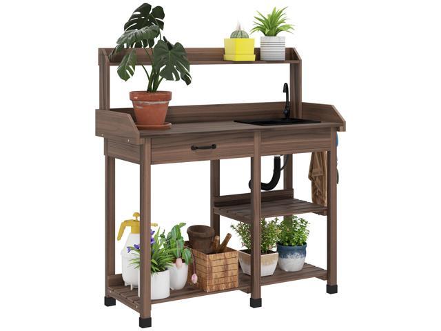 Aosom Potting Bench Table, Outdoor Garden Table Wooden Work Station with Removable Sink, Faucet, Drawer, Shelves, Hooks, Dark Brown