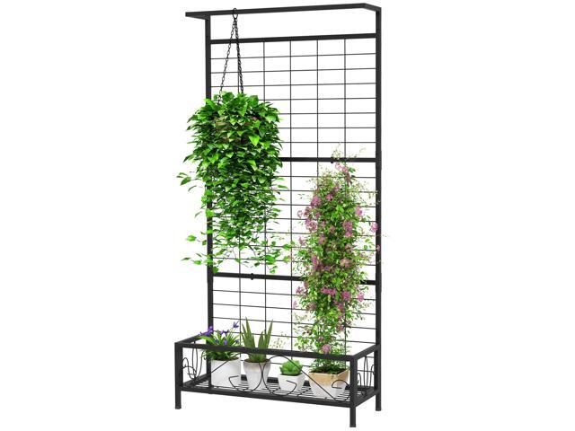 Aosom Metal Tall Plant Stand with Trellis and Hanging Bar, Plant Holder for Indoor Outdoor Use, 35' x 12.8' x 74', Black