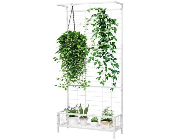 Aosom Metal Tall Plant Stand with Trellis and Hanging Bar, Plant Holder for Indoor Outdoor Use, 35' x 12.8' x 74', White