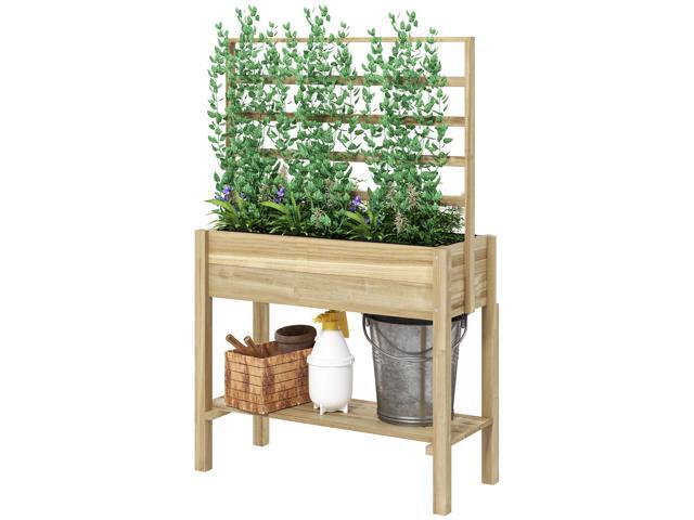 Aosom Wooden Raised Garden Bed with Trellis, Outdoor Planter Box with Storage Shelf for Vegetables, Flowers, Herbs