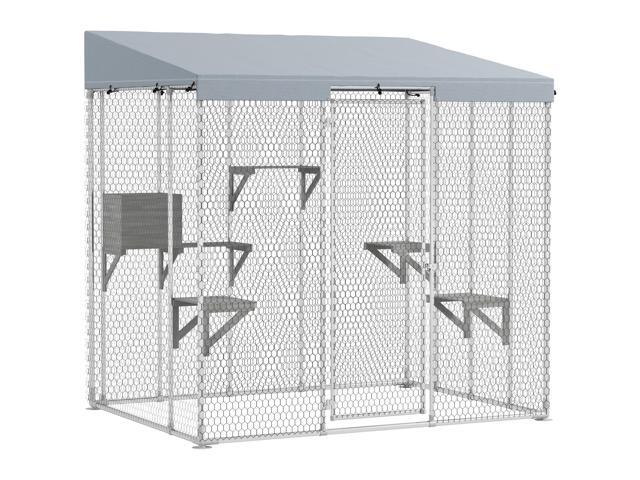 Aosom 79' Galvanized Steel Large Catio with Waterproof Canopy, Sleeping Box, Jumping Platforms, for 1-3 Kittens, Silver