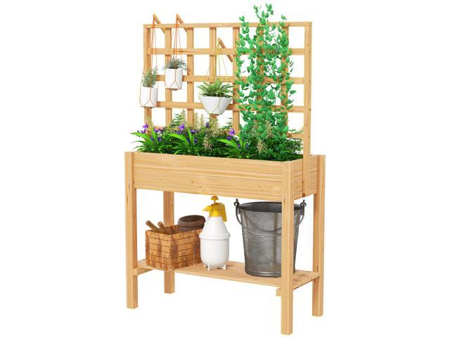 Aosom Wooden Raised Garden Bed with Trellis, Outdoor Planter Box with Storage Shelf for Vegetables, Flowers, Herbs
