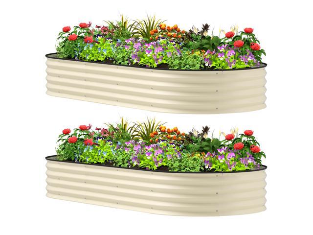 Aosom 7' x 3' x 1' Raised Garden Bed Set, 2PCS Raised Beds for Gardening with Metal Plant Stakes, Cream White