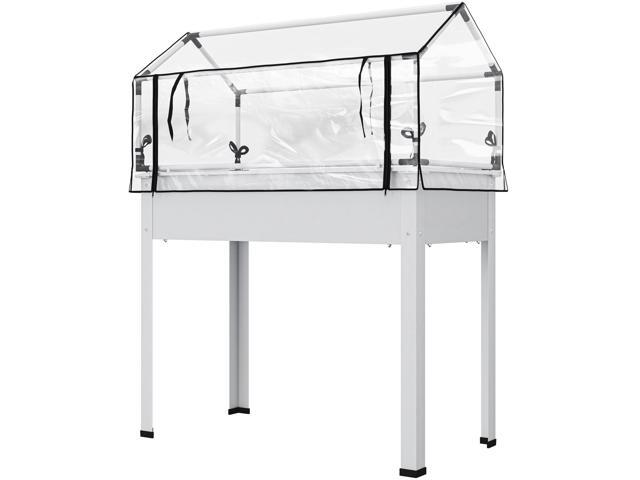 Aosom Elevated Garden Box with Greenhouse Cover, Raised Garden Bed with Legs and Drainage Hole for Vegetables, White