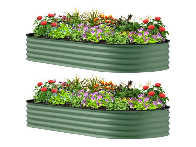 Aosom 7' x 3' x 1' Raised Garden Bed Set, 2PCS Raised Beds for Gardening with Metal Plant Stakes, Green