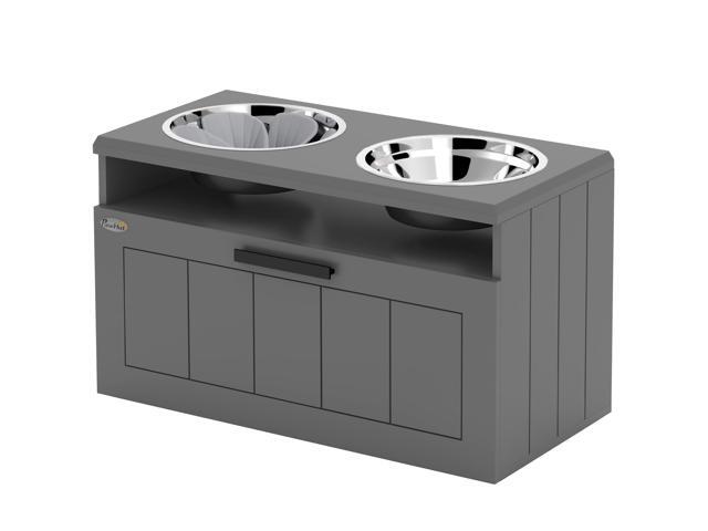 Aosom Elevated Dog Bowls, Large Breed Raised Dogs Bowl Stand with 2 Stainless Steel Bowls, Storage Drawer and Slow Feeder Mat