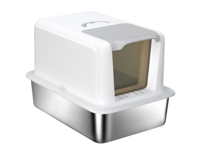 Aosom 2 in 1 Stainless Steel Cat Litter Box with Removable Lid, Scoop, Filter Bags, for Small to Large Cats, White