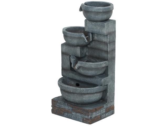 Aosom 30' Tall Outdoor Waterfall Fountain with LED Lights, 4-Tier Resin Cascading Water Bowls with Pump, Gray